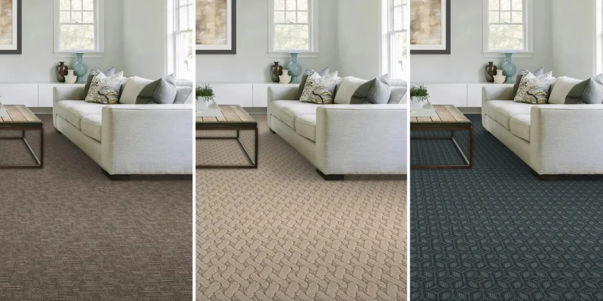 The same living room shown three times with brown, beige and deep blue patterned carpet.
