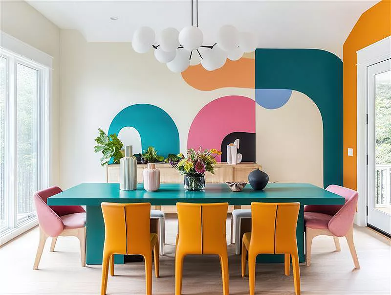 New Retro trendy decor in a colorful dining room.