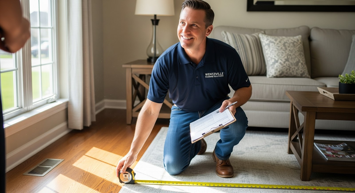 A tape measure and flooring sample laid across a room during an in-home measure appointment in Wentzville, Missouri.