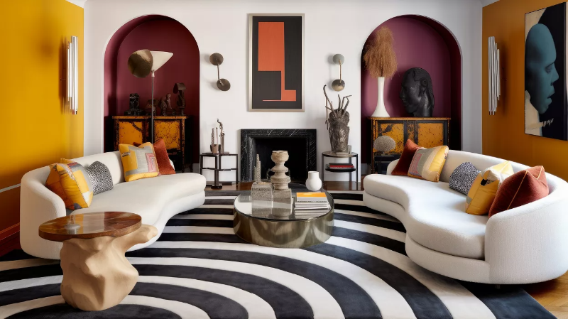 A maximalist living room with curved white sofas and a bold striped area rug.