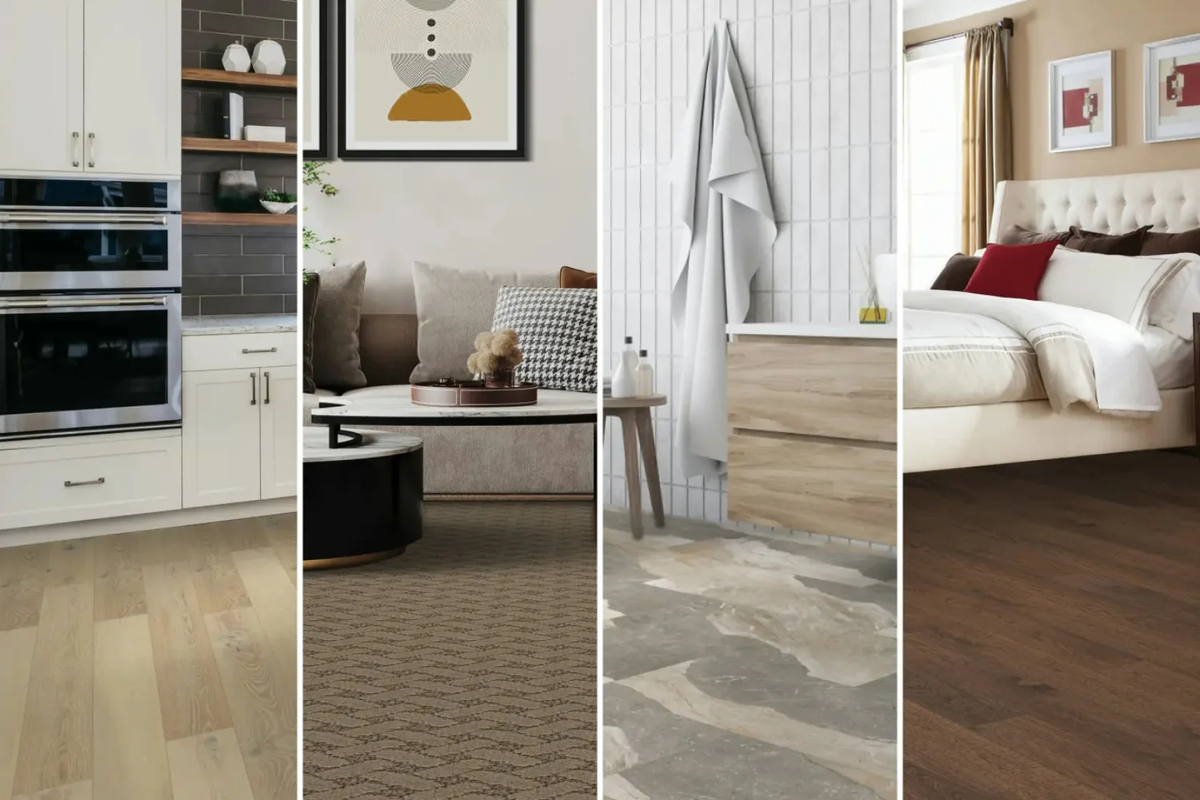 Four panels showing wide plank hardwood, patterned carpet, stone tile and dark wood flooring.