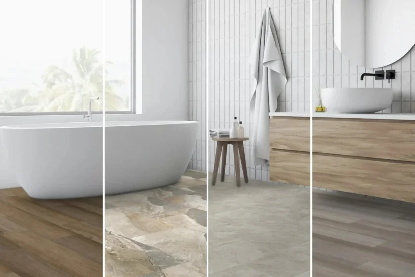 A bright bathroom shown with four floor options, from wood look plank to natural stone tile.