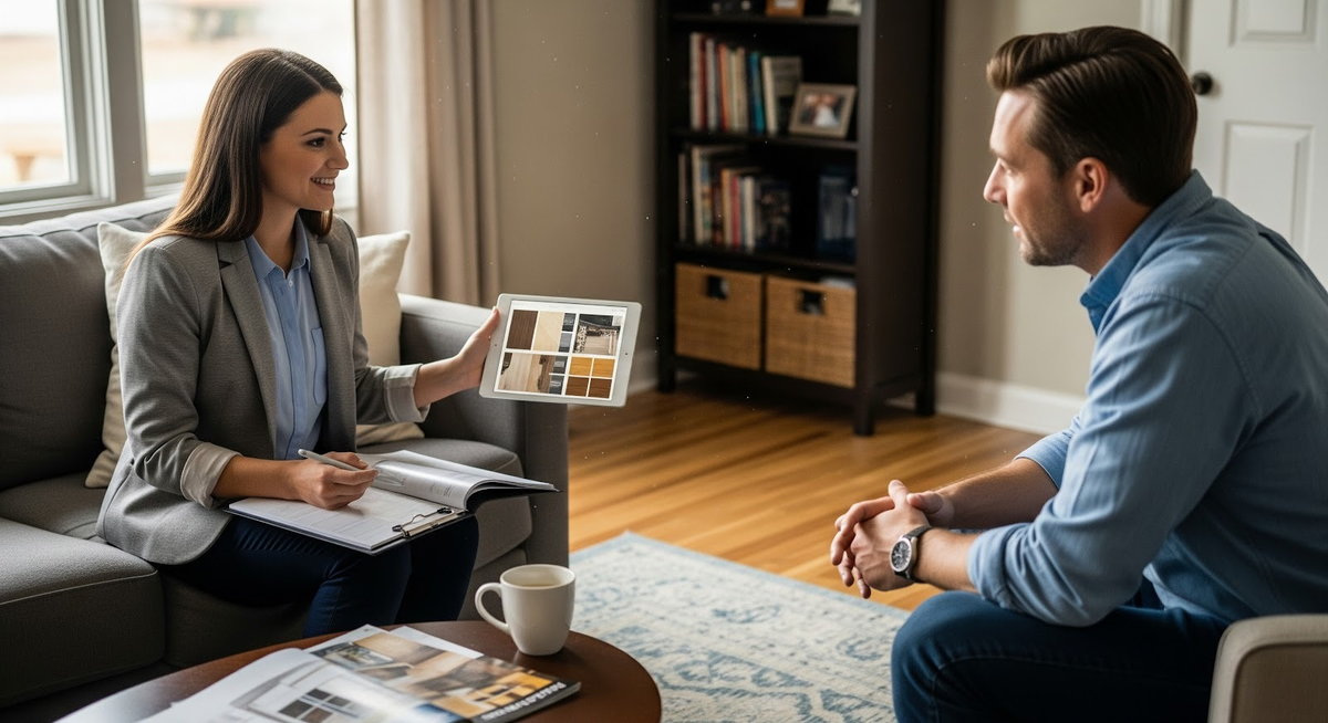 A flooring consultant showing floor samples on a tablet to a homeowner in a living room.