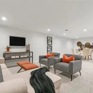 Neutral carpet across a finished lower level seating area.