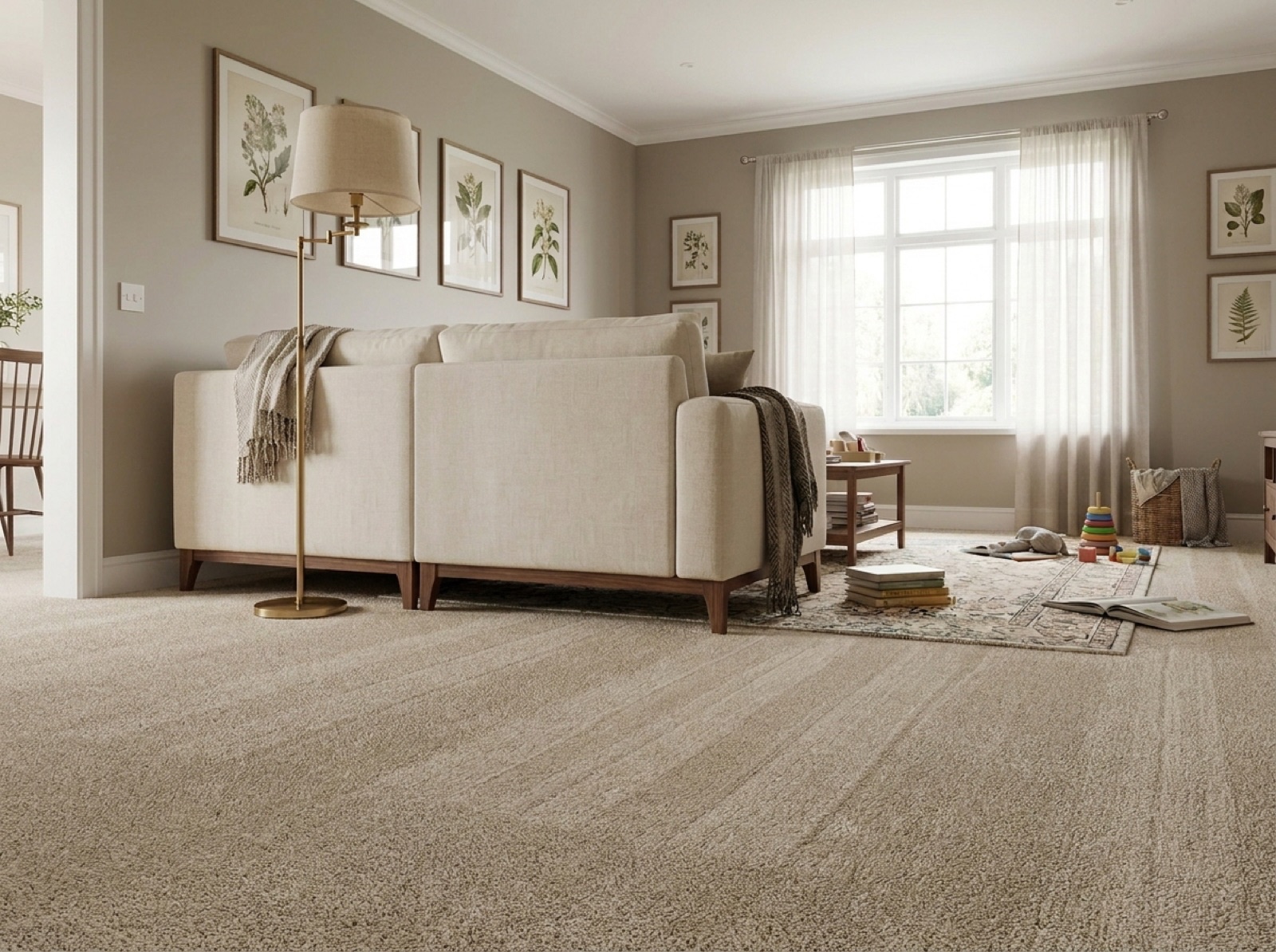 A family room with wall to wall textured cut pile carpet in a soft beige.