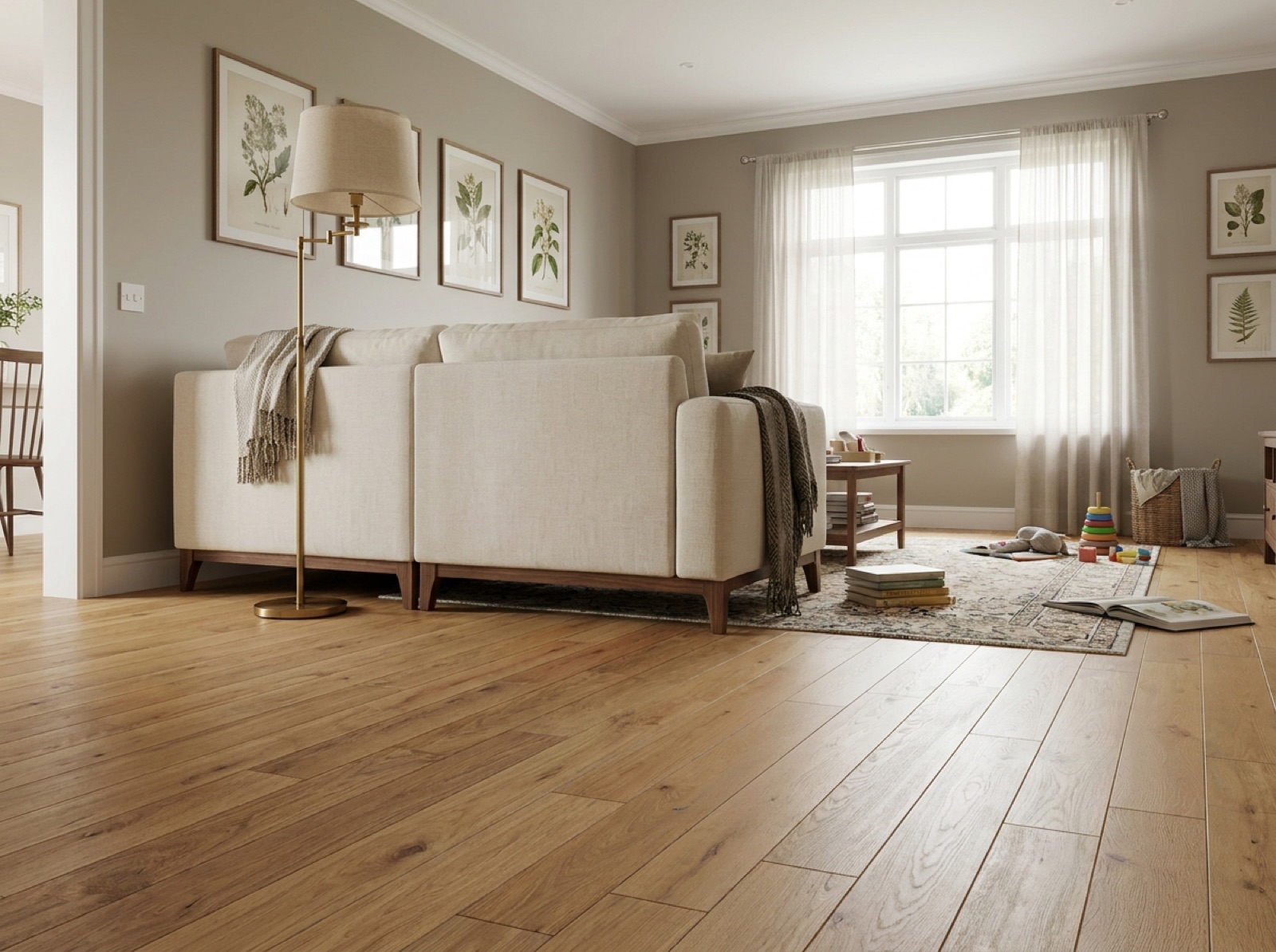 A living room shown with wide plank hardwood flooring.