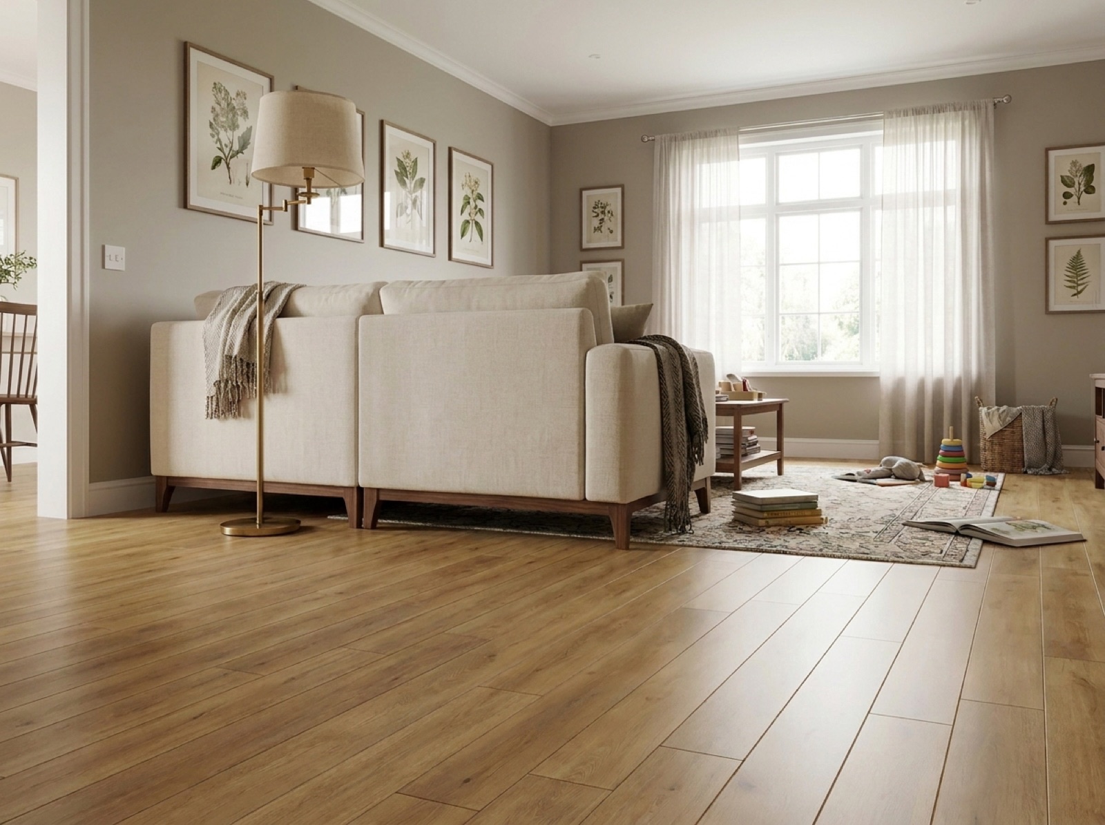 Wide luxury vinyl plank flooring with a warm oak grain running through an open living space.