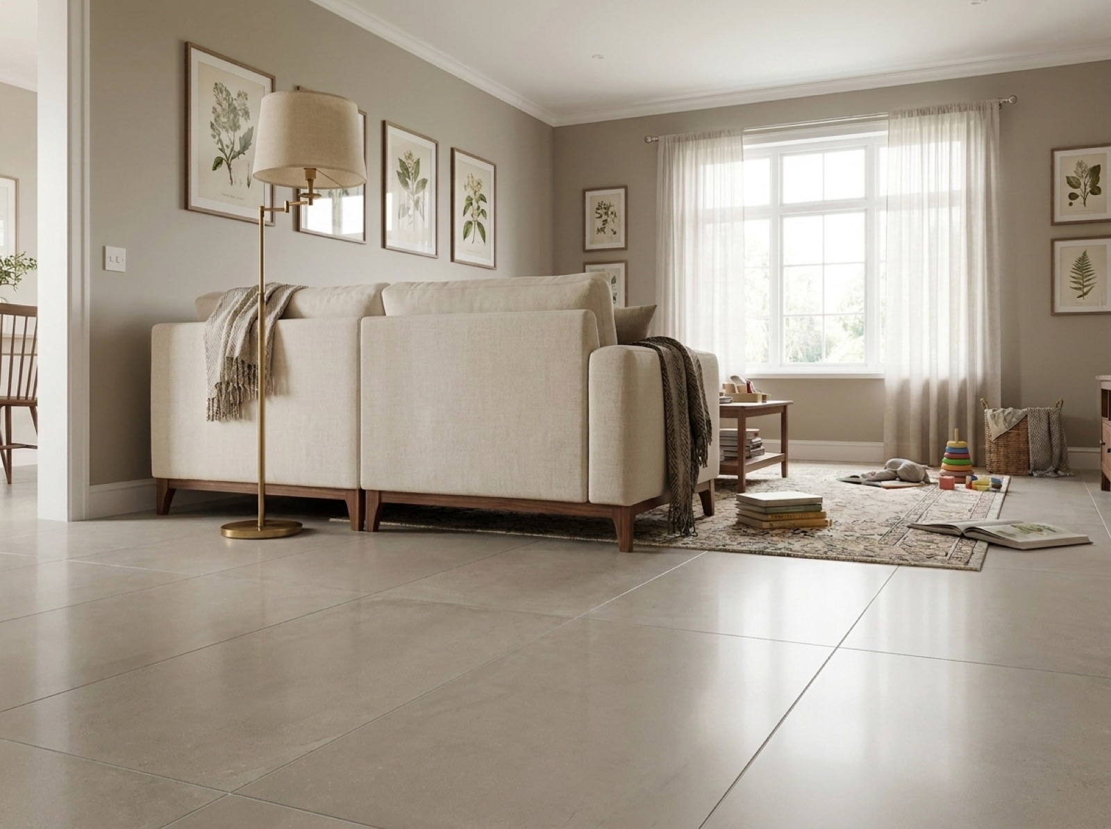 A kitchen floor in large format porcelain tile with tight, color matched grout joints.