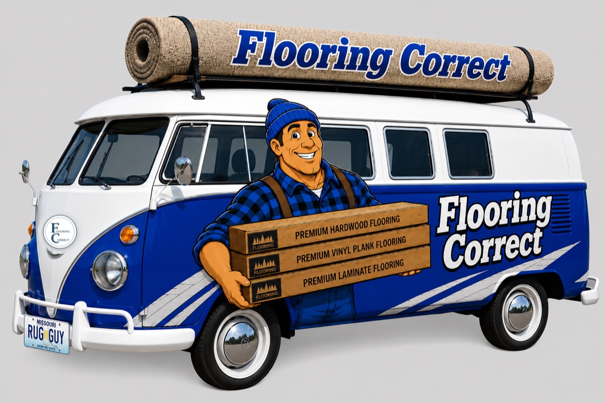 Illustration of a Flooring Correct van with a roll of carpet on the roof and an installer carrying boxes of hardwood, vinyl plank and laminate.